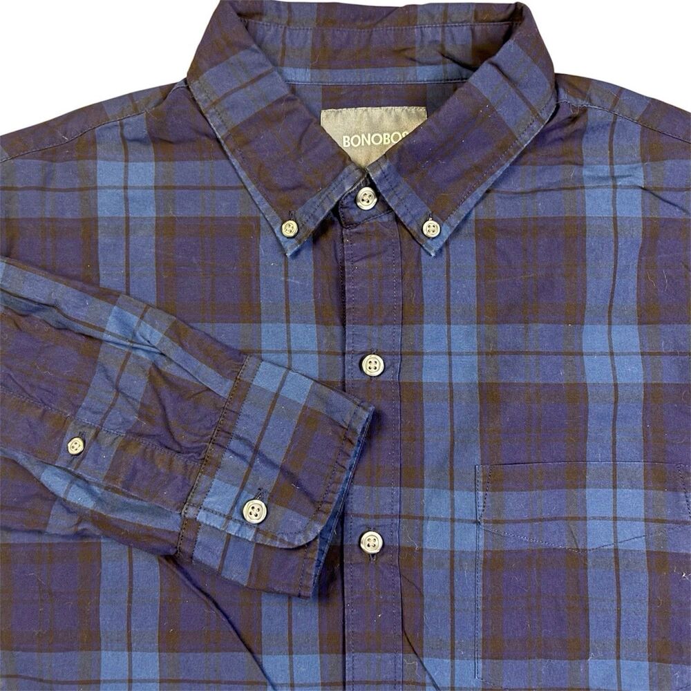 Bonobos Slim Fit Shirt Mens Medium Blue Black Plaid Button Up Long Sleeve Preppy